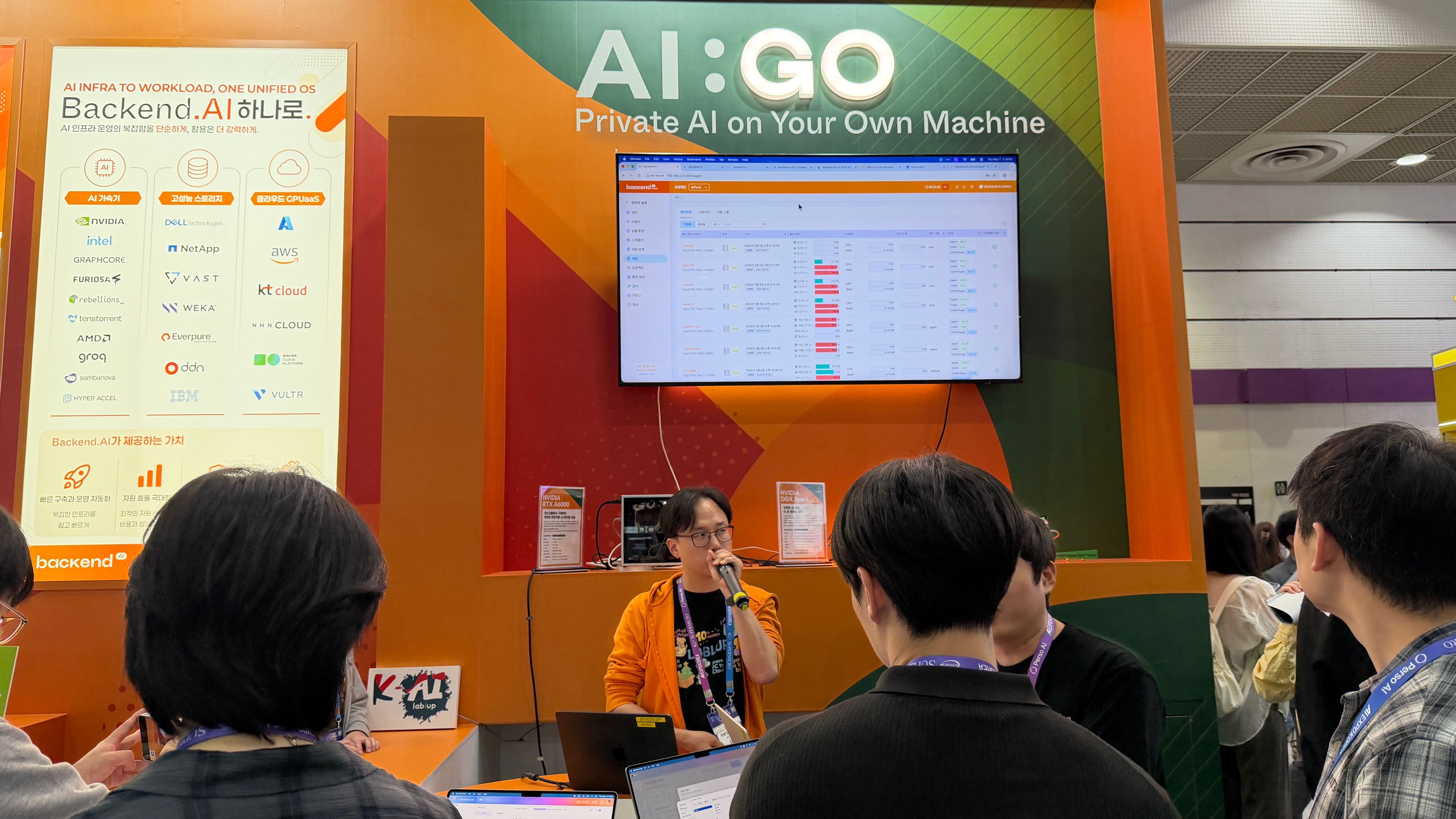 A presentation in front of the AI:GO "Private AI on Your Own Machine" signage.