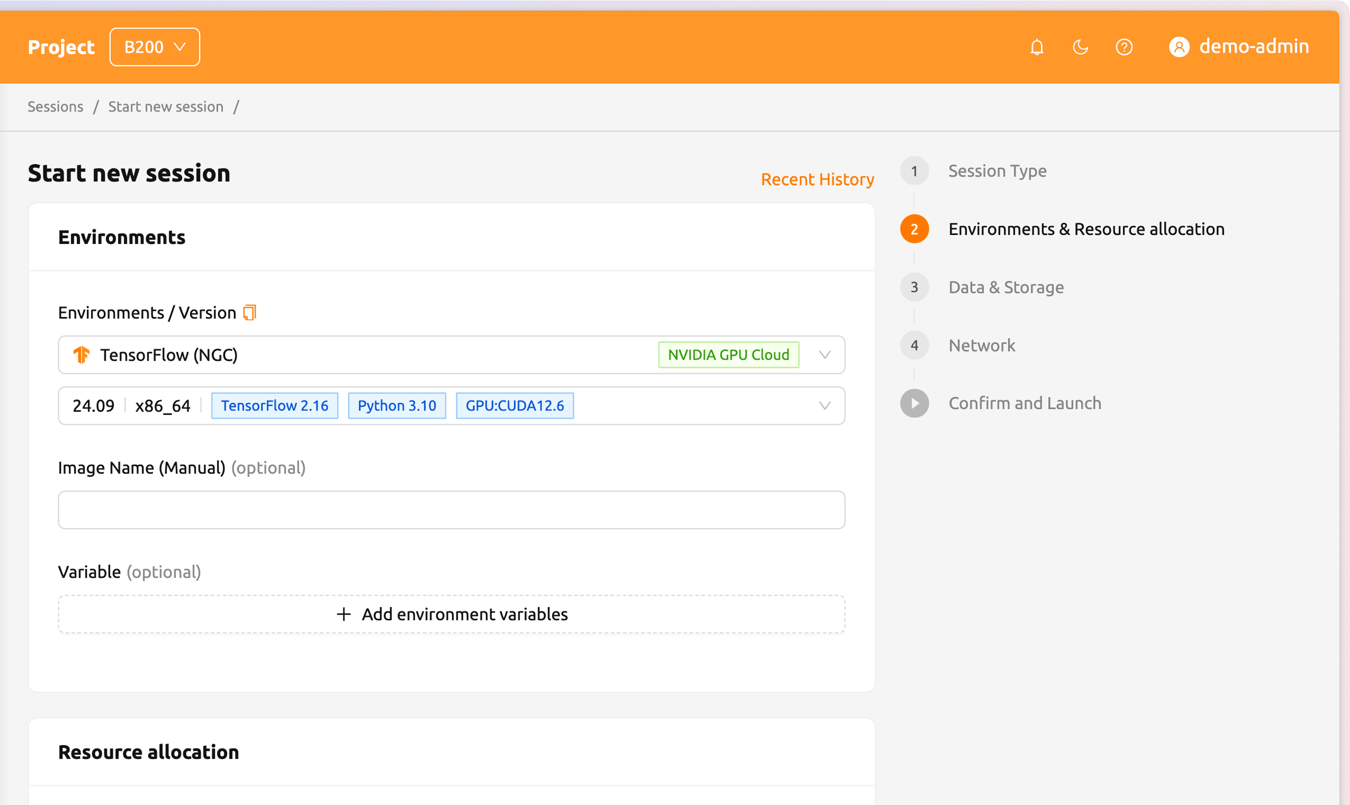 Backend.AI WebUI Select Environment screenshot