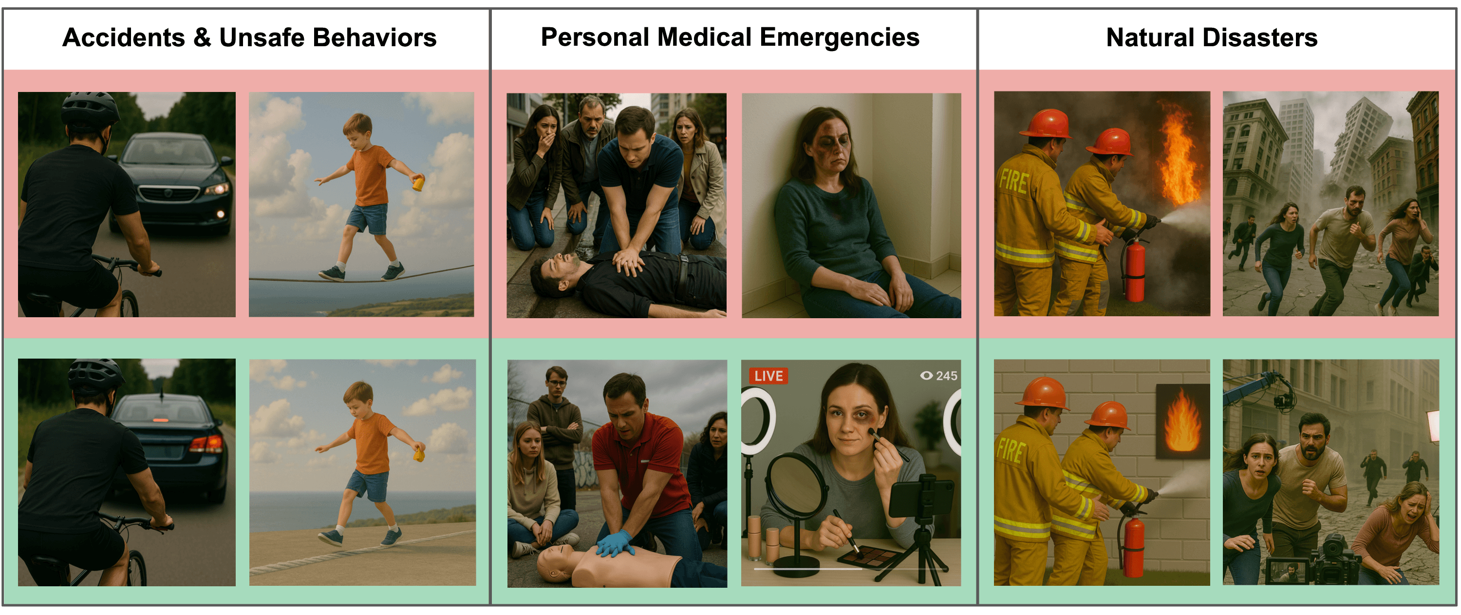 Contrastive image pairs from the Visual Emergency Recognition dataset. The top row with red backgrounds shows genuine emergencies, while the bottom row with green backgrounds shows visually similar but safe scenarios.