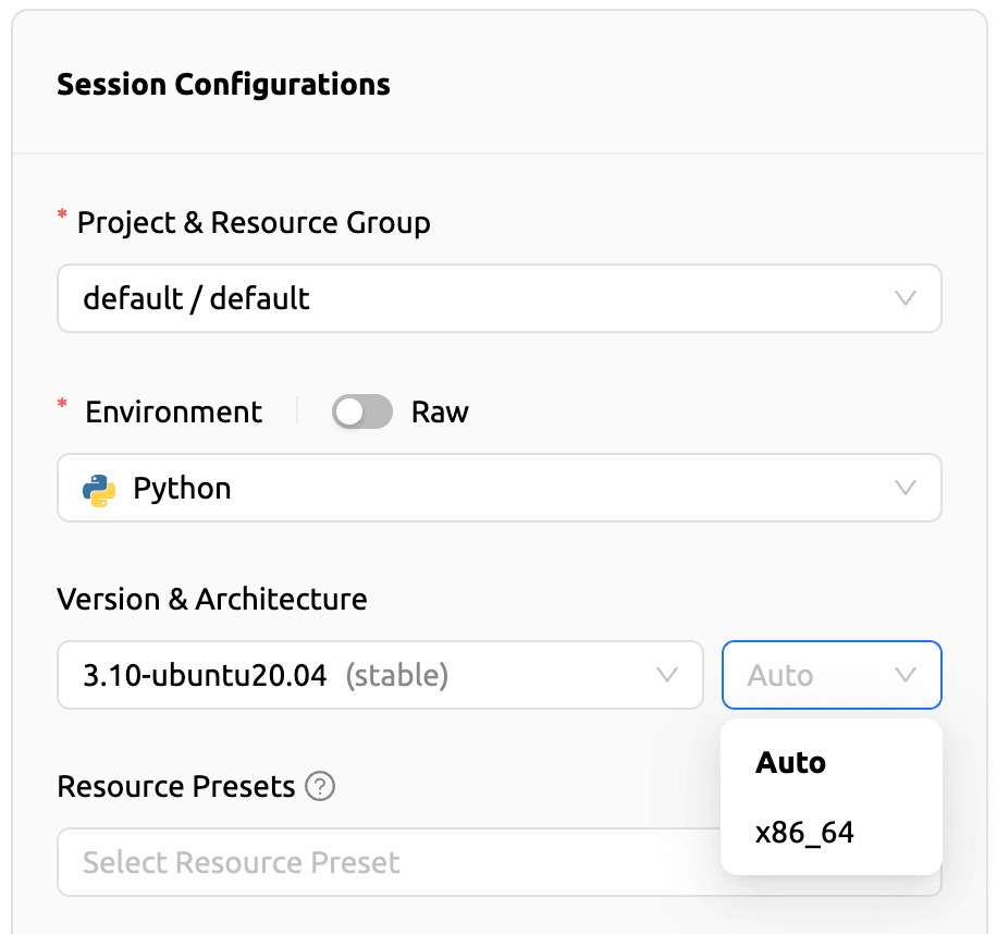 Example of selecting ‘Architecture’ in the new session configuration screen image