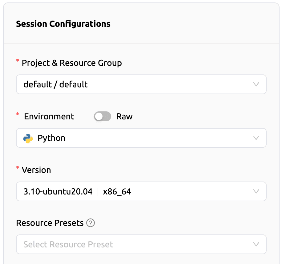 Example of selecting the ‘Version’ image in the existing session configuration