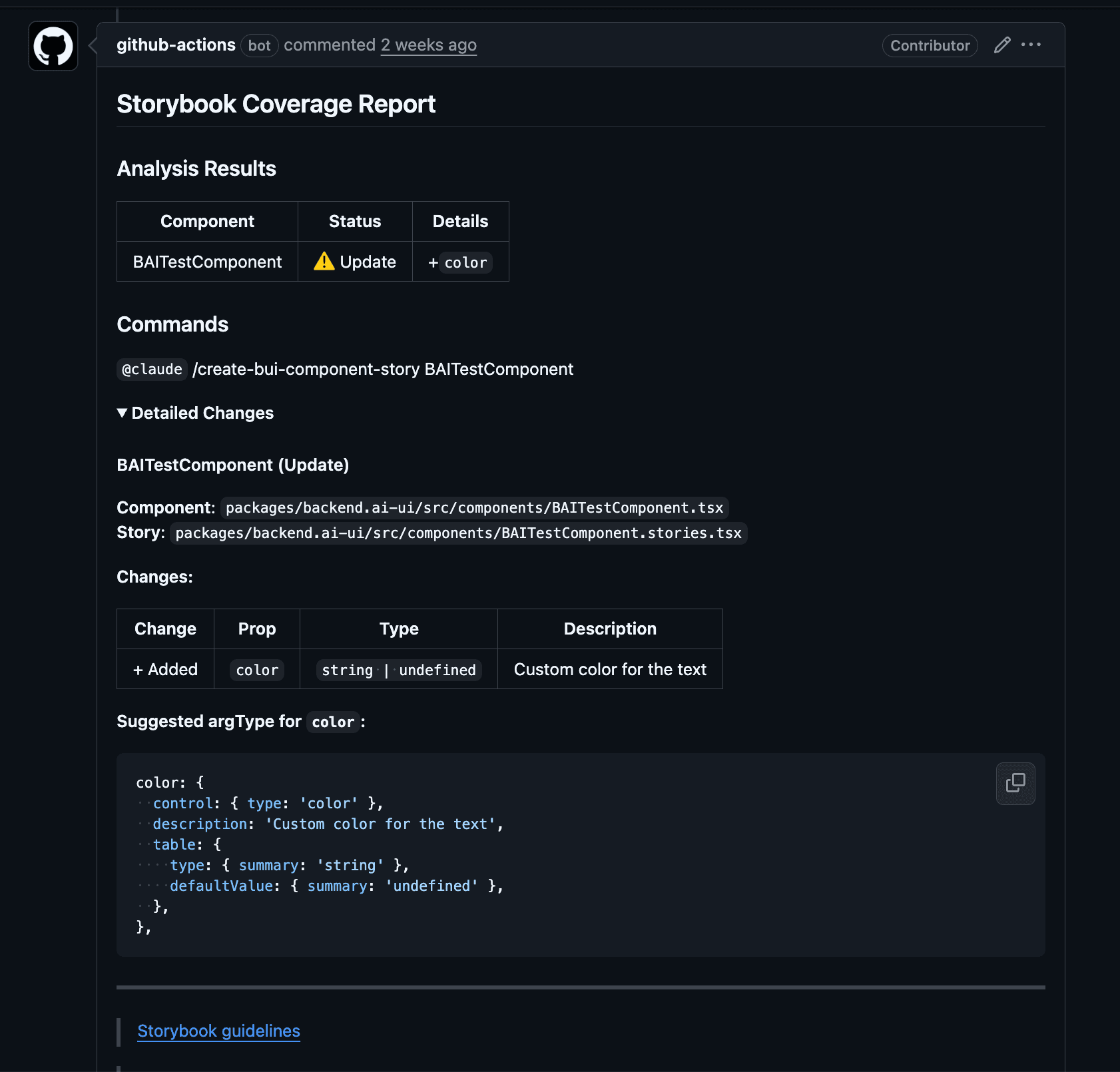Storybook Coverage Report PR comment